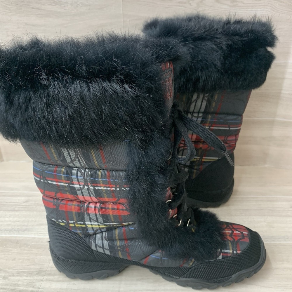 Coach Jennie Fur Lace Winter Boots Black Red Plaid Women's Size 6.5B - Picture 6 of 9